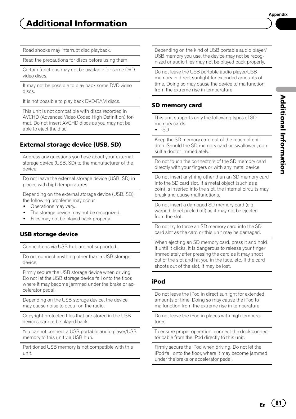 Additional information | Pioneer AVH-P4200DVD User Manual | Page 81 / 96