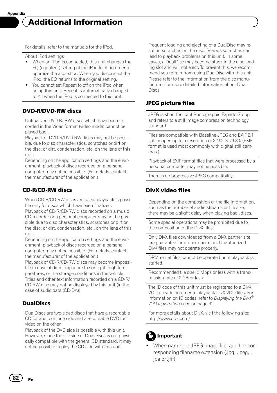 Additional information | Pioneer AVH-P4200DVD User Manual | Page 82 / 96