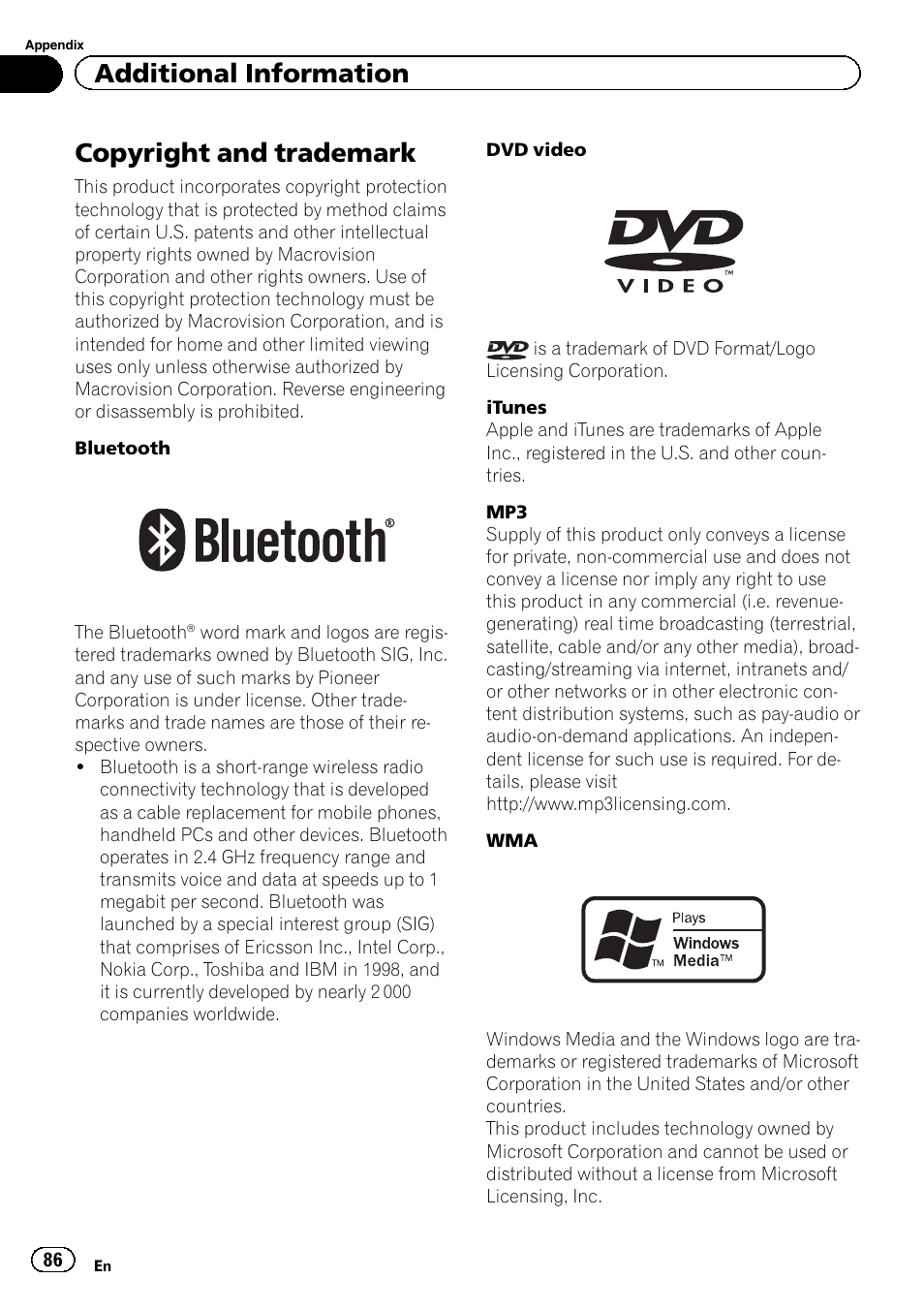 Copyright and trademark, Additional information | Pioneer AVH-P4200DVD User Manual | Page 86 / 96