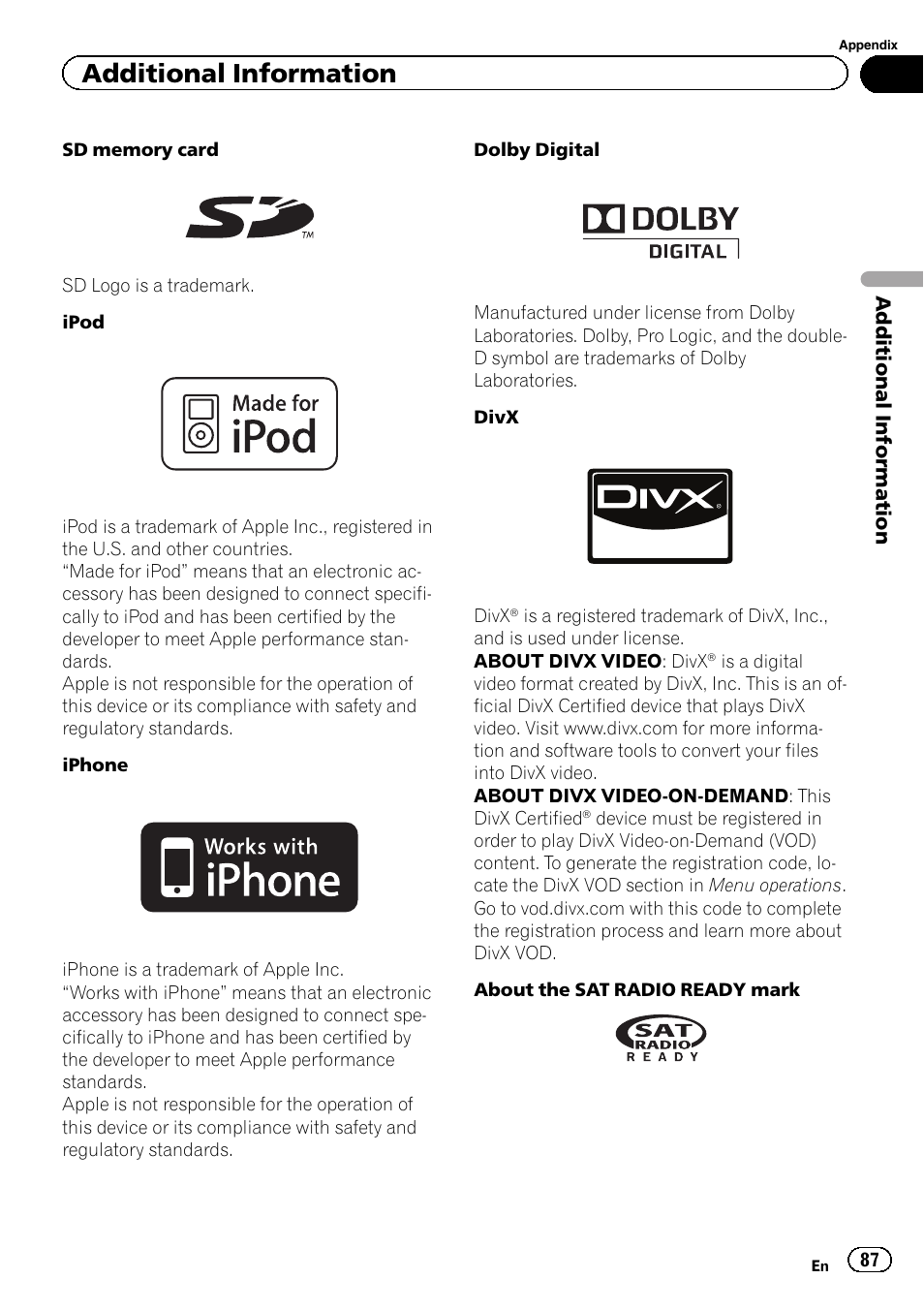 Additional information | Pioneer AVH-P4200DVD User Manual | Page 87 / 96