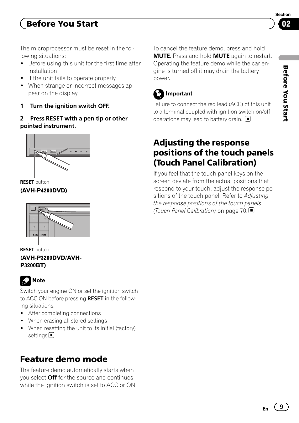 Feature demo mode, Adjusting the response positions of the, Touch panels (touch panel calibration) | Before you start | Pioneer AVH-P4200DVD User Manual | Page 9 / 96