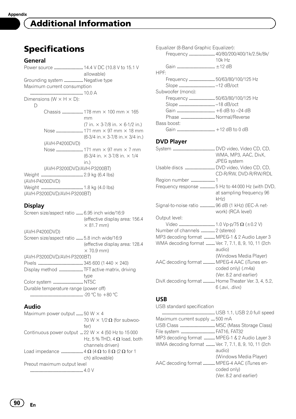 Specifications, Additional information | Pioneer AVH-P4200DVD User Manual | Page 90 / 96