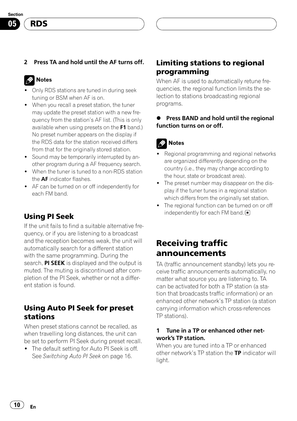 Using pi seek 10, Using auto pi seek for preset, Stations 10 | Limiting stations to regional, Programming 10, Receiving traffic announcements 10, Receiving traffic announcements, Using pi seek, Using auto pi seek for preset stations, Limiting stations to regional programming | Pioneer DEH-1630R User Manual | Page 10 / 125