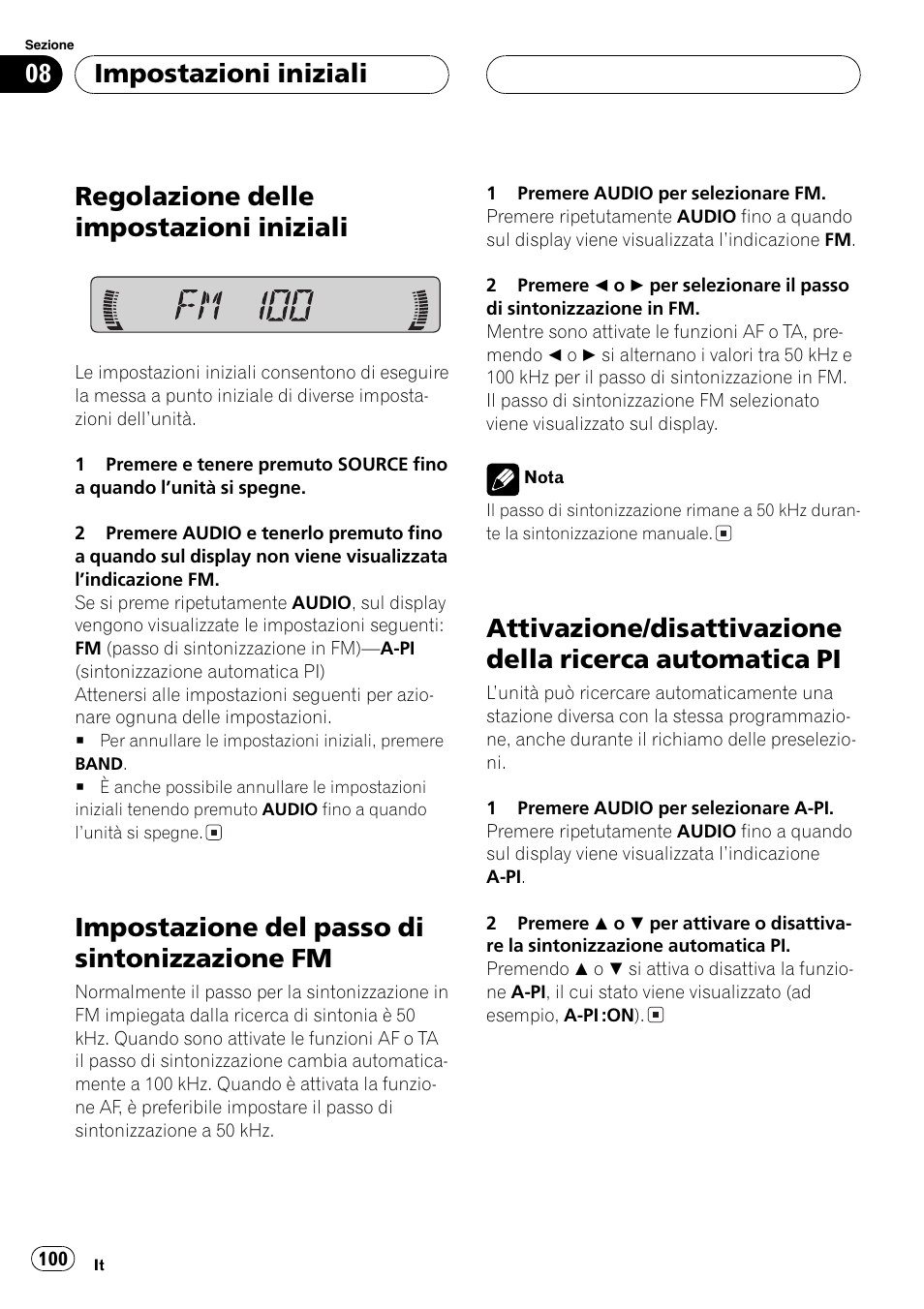 Fm 100, Attivazione/disattivazione della ricerca, Automatica pi 100 | Regolazione delle impostazioni iniziali, Impostazione del passo di sintonizzazione fm, Impostazioni iniziali | Pioneer DEH-1630R User Manual | Page 100 / 125
