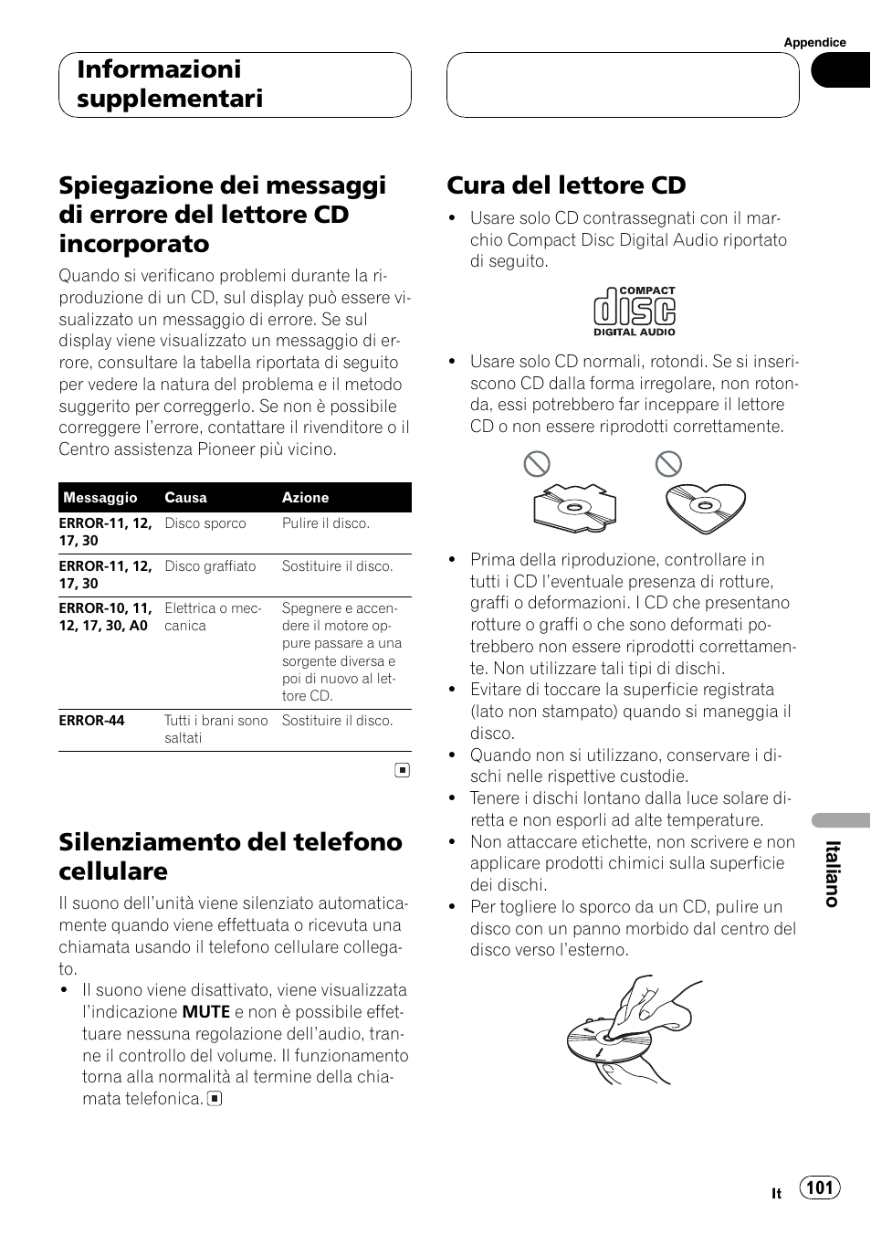 Lettore cd incorporato 101, Silenziamento del telefono cellulare, Cura del lettore cd | Informazioni supplementari | Pioneer DEH-1630R User Manual | Page 101 / 125