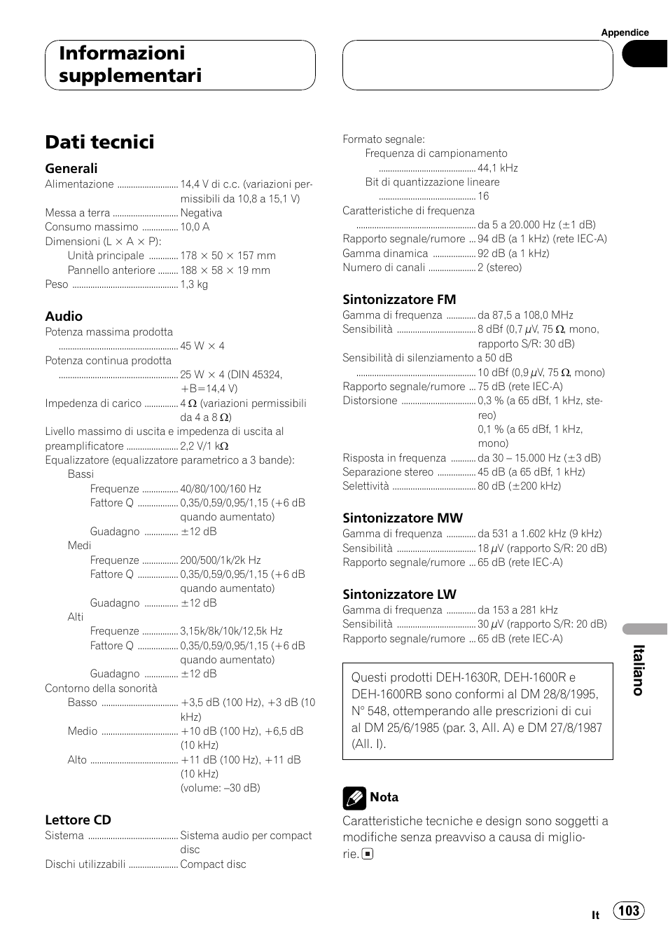 Dati tecnici 103, Dati tecnici, Informazioni supplementari | Italiano | Pioneer DEH-1630R User Manual | Page 103 / 125