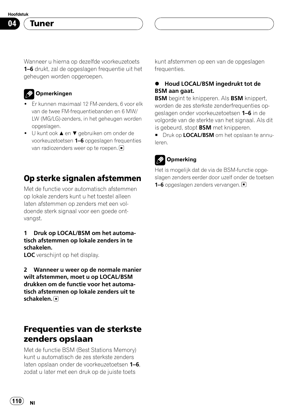 Opslaan 110, Op sterke signalen afstemmen, Frequenties van de sterkste zenders opslaan | Tuner | Pioneer DEH-1630R User Manual | Page 110 / 125