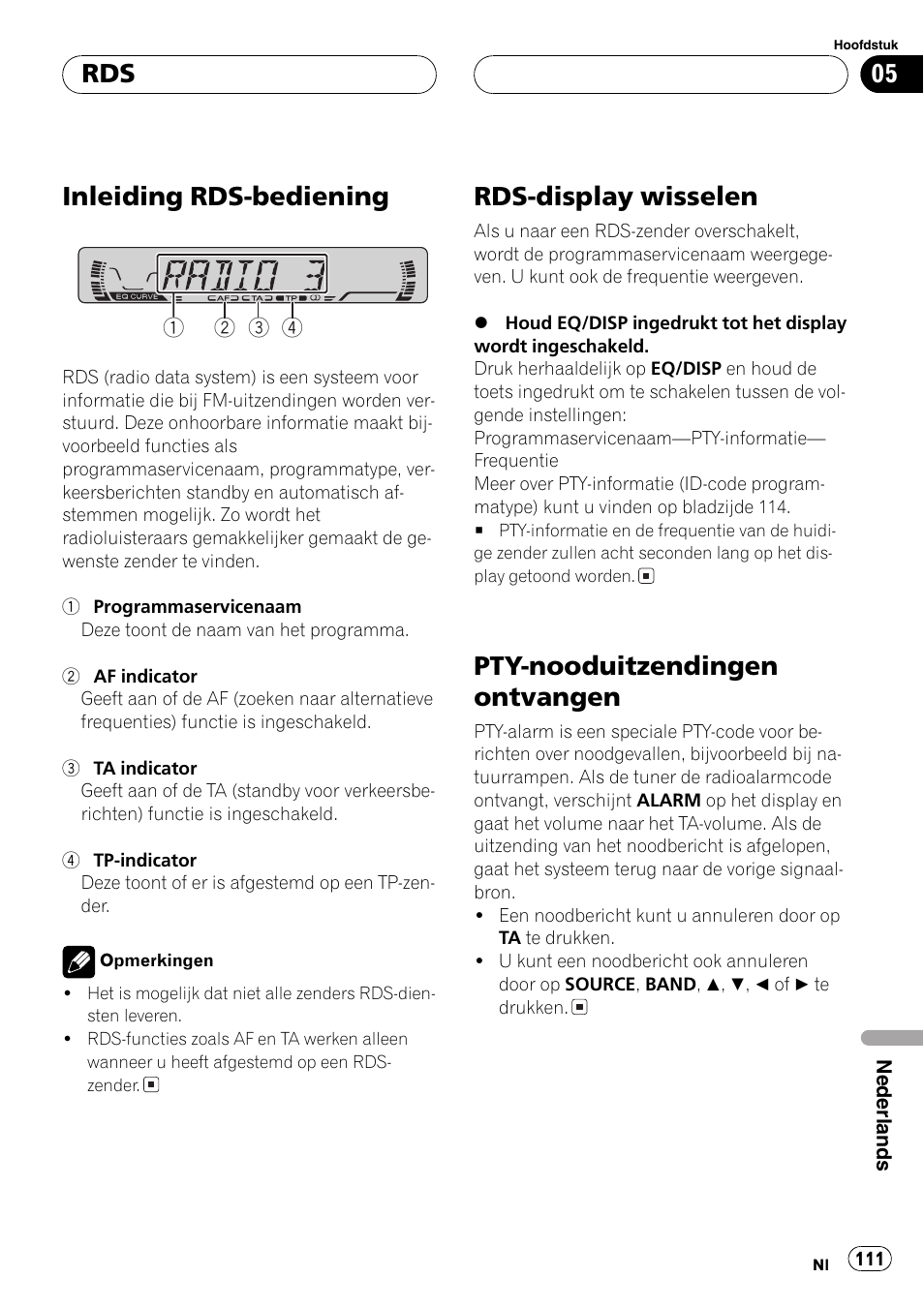 Inleiding rds-bediening, Rds-display wisselen, Pty-nooduitzendingen ontvangen | Pioneer DEH-1630R User Manual | Page 111 / 125