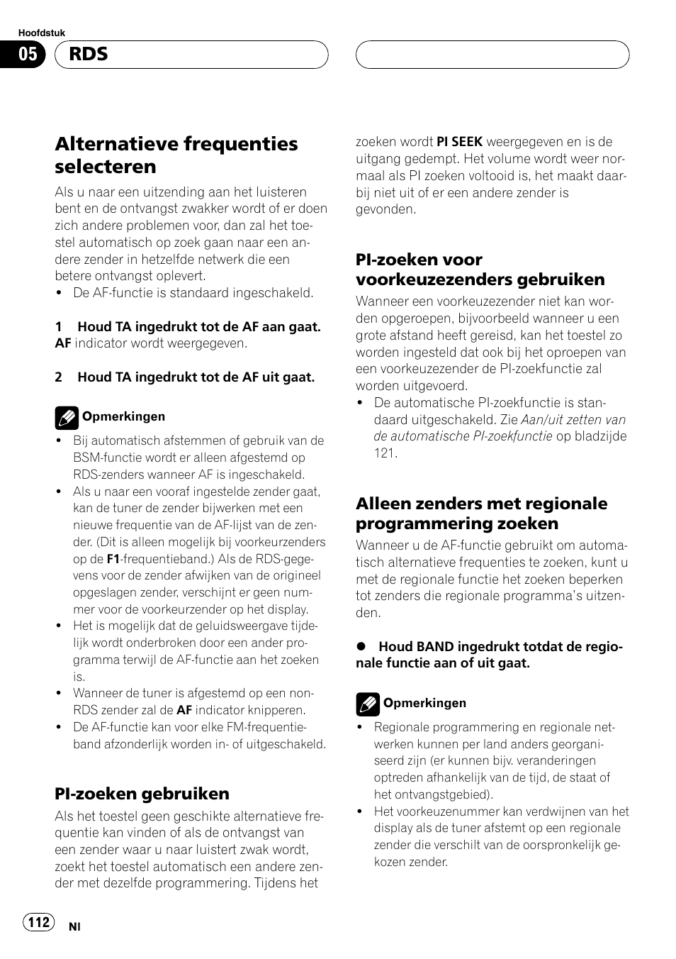 Alternatieve frequenties selecteren 112, Pi-zoeken gebruiken 112, Pi-zoeken voor voorkeuzezenders | Gebruiken 112, Alleen zenders met regionale, Programmering zoeken 112, Alternatieve frequenties selecteren, Pi-zoeken gebruiken, Pi-zoeken voor voorkeuzezenders gebruiken, Alleen zenders met regionale programmering zoeken | Pioneer DEH-1630R User Manual | Page 112 / 125