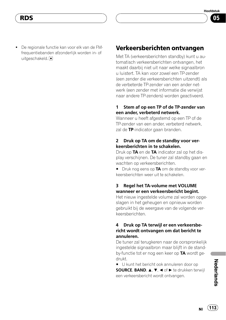 Verkeersberichten ontvangen 113, Verkeersberichten ontvangen | Pioneer DEH-1630R User Manual | Page 113 / 125