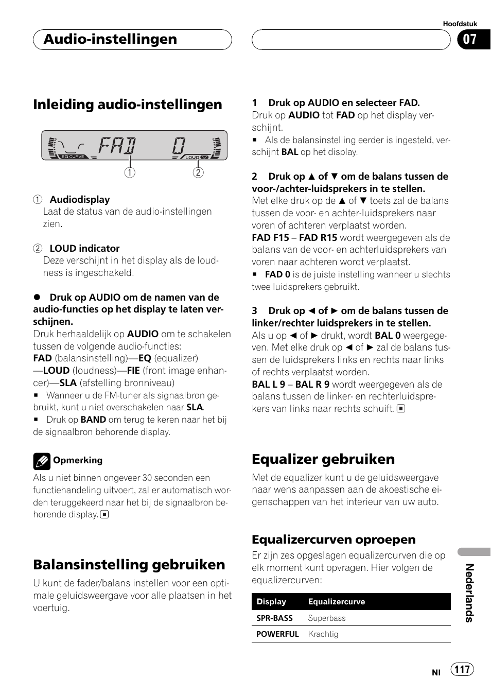 Equalizercurven oproepen 117, Inleiding audio-instellingen, Balansinstelling gebruiken | Equalizer gebruiken, Audio-instellingen, Equalizercurven oproepen | Pioneer DEH-1630R User Manual | Page 117 / 125