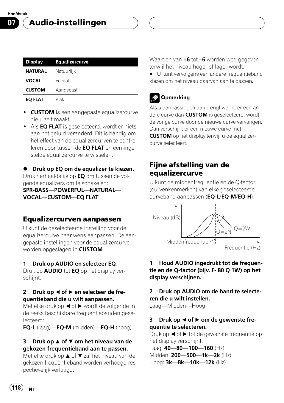 Equalizercurven aanpassen 118, Fijne afstelling van de, Equalizercurve 118 | Audio-instellingen, Equalizercurven aanpassen, Fijne afstelling van de equalizercurve | Pioneer DEH-1630R User Manual | Page 118 / 125