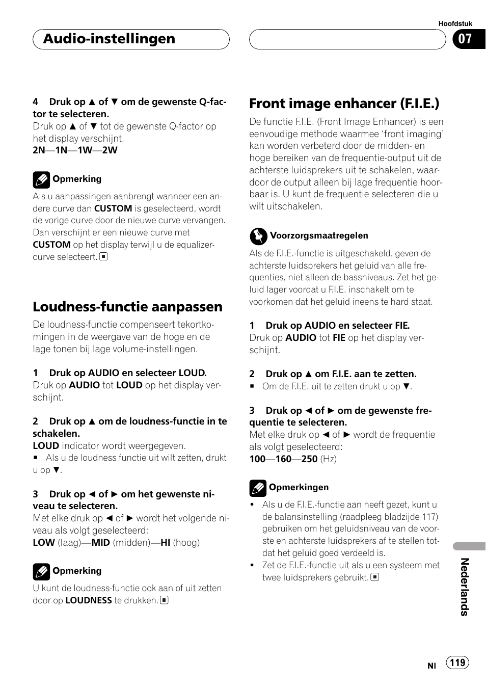 Loudness-functie aanpassen, Front image enhancer (f.i.e.), Audio-instellingen | Pioneer DEH-1630R User Manual | Page 119 / 125
