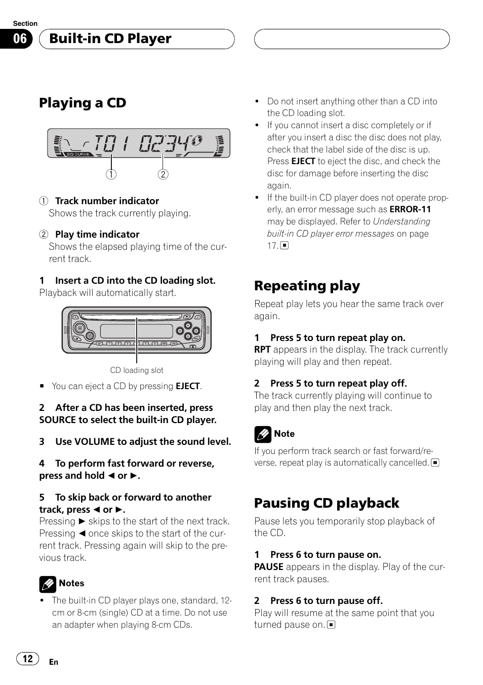 Playing a cd, Repeating play, Pausing cd playback | Built-in cd player | Pioneer DEH-1630R User Manual | Page 12 / 125