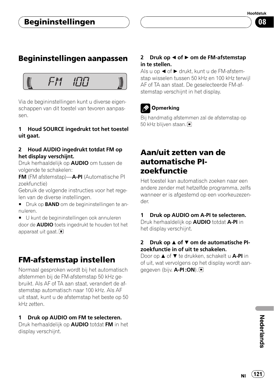 Zoekfunctie 121, Begininstellingen aanpassen, Fm-afstemstap instellen | Aan/uit zetten van de automatische pi- zoekfunctie, Begininstellingen | Pioneer DEH-1630R User Manual | Page 121 / 125
