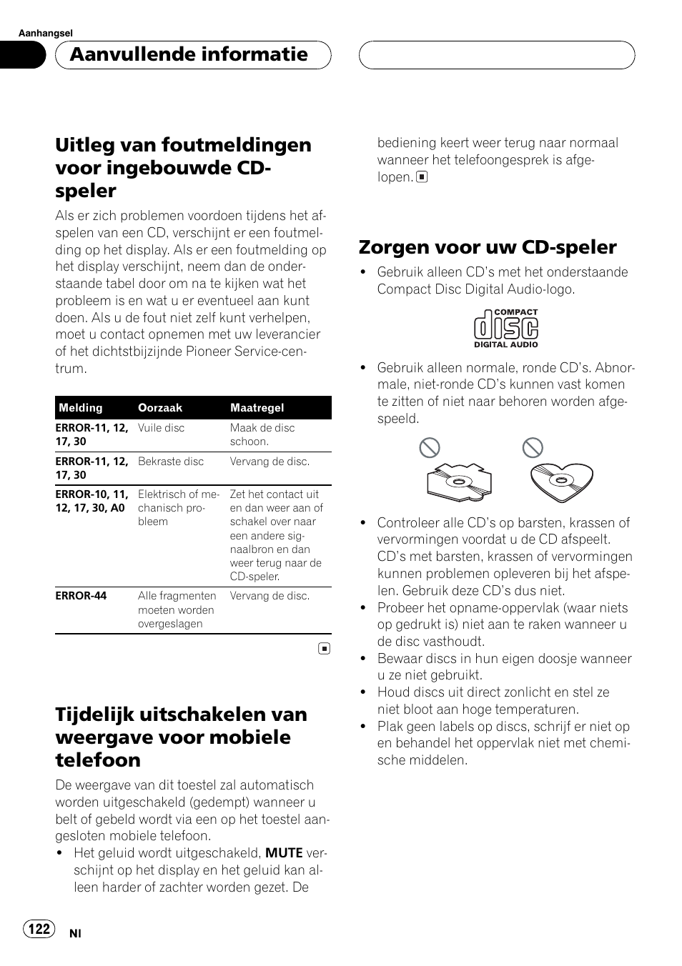 Cd-speler 122, Tijdelijk uitschakelen van weergave voor, Mobiele telefoon 122 | Zorgen voor uw cd-speler 122, Zorgen voor uwcd-speler, Aanvullende informatie | Pioneer DEH-1630R User Manual | Page 122 / 125