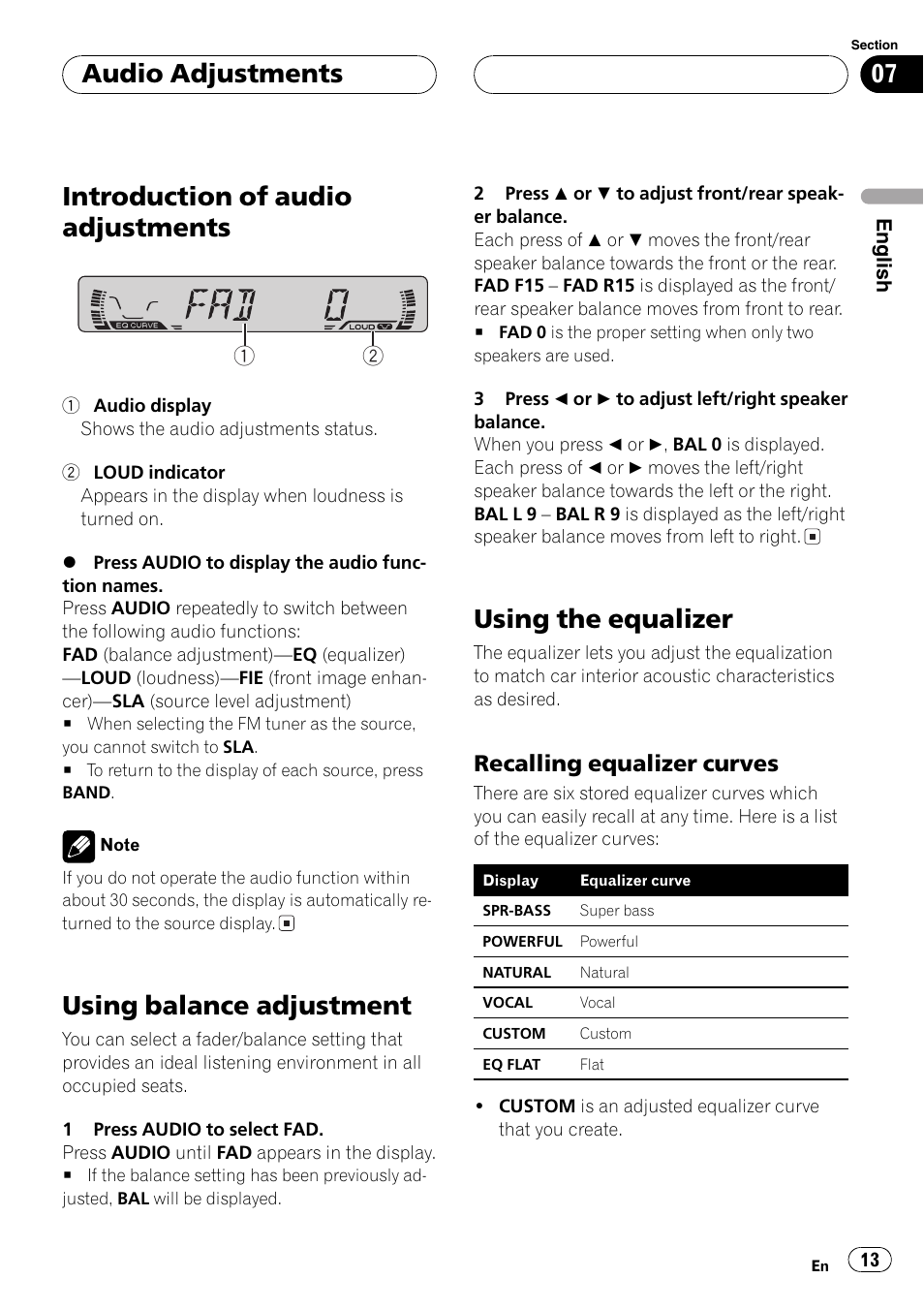 Recalling equalizer curves 13, Introduction of audio adjustments, Using balance adjustment | Using the equalizer, Audio adjustments, Recalling equalizer curves | Pioneer DEH-1630R User Manual | Page 13 / 125