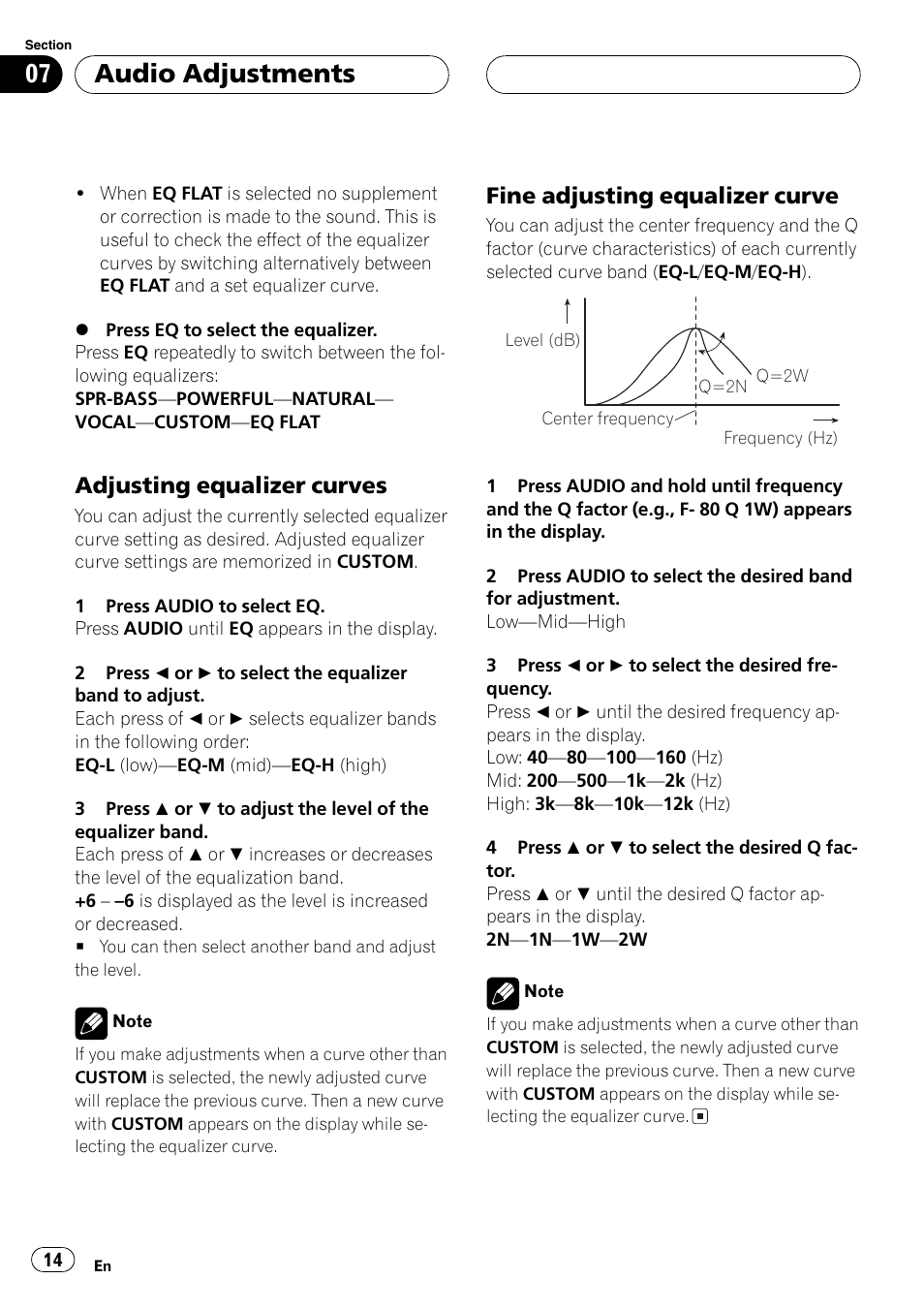 Adjusting equalizer curves 14, Fine adjusting equalizer curve 14, Audio adjustments | Adjusting equalizer curves, Fine adjusting equalizer curve | Pioneer DEH-1630R User Manual | Page 14 / 125