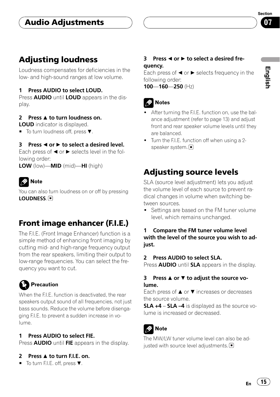 Adjusting loudness, Front image enhancer (f.i.e.), Adjusting source levels | Audio adjustments | Pioneer DEH-1630R User Manual | Page 15 / 125