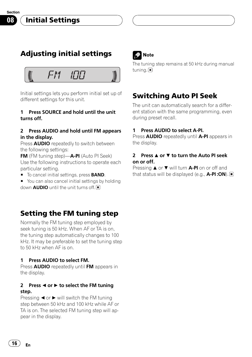 Adjusting initial settings, Setting the fm tuning step, Switching auto pi seek | Initial settings | Pioneer DEH-1630R User Manual | Page 16 / 125