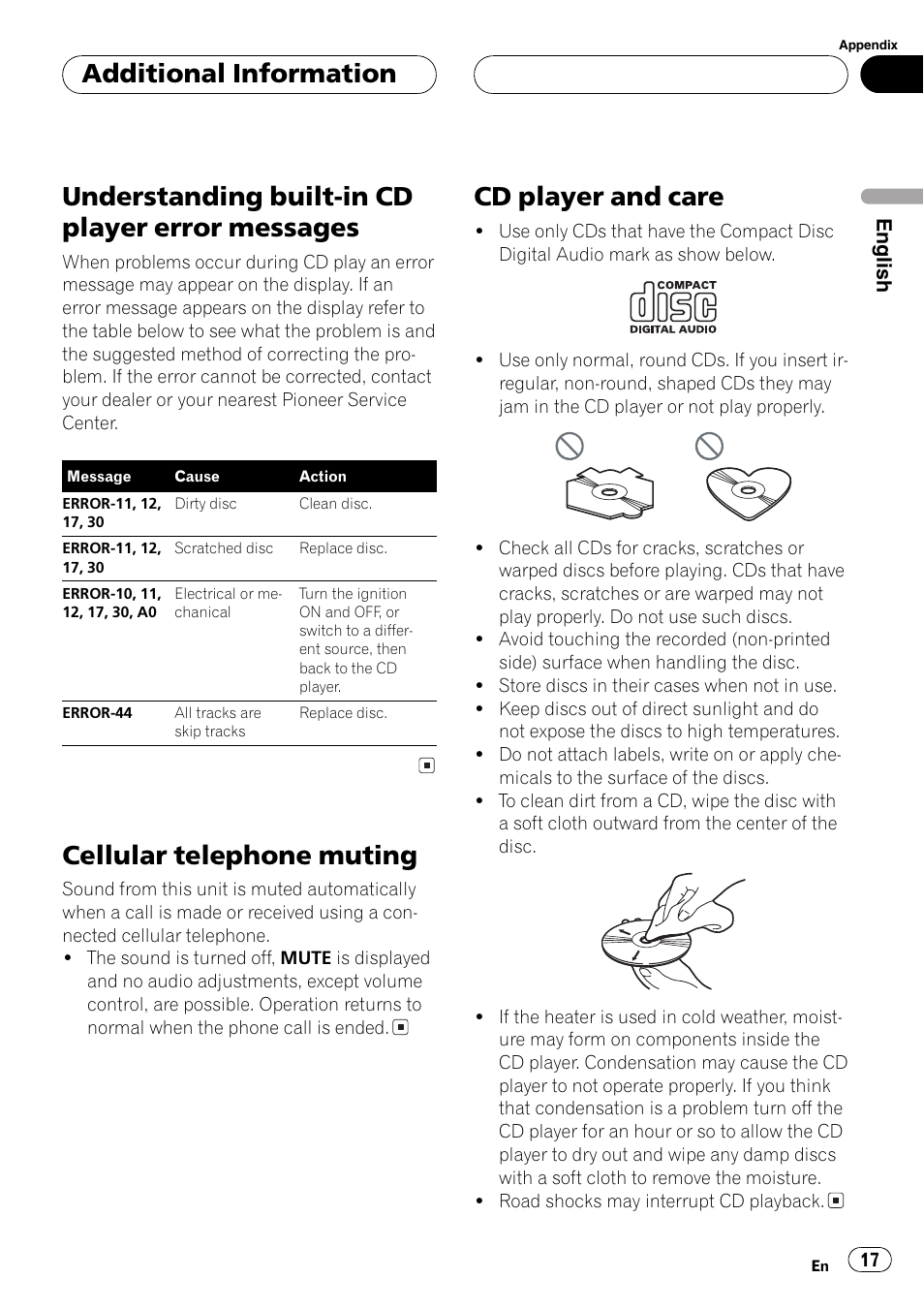 Messages 17, Cellular telephone muting 17 cd player and care 17, Understanding built-in cd player error messages | Cellular telephone muting, Cd player and care, Additional information | Pioneer DEH-1630R User Manual | Page 17 / 125
