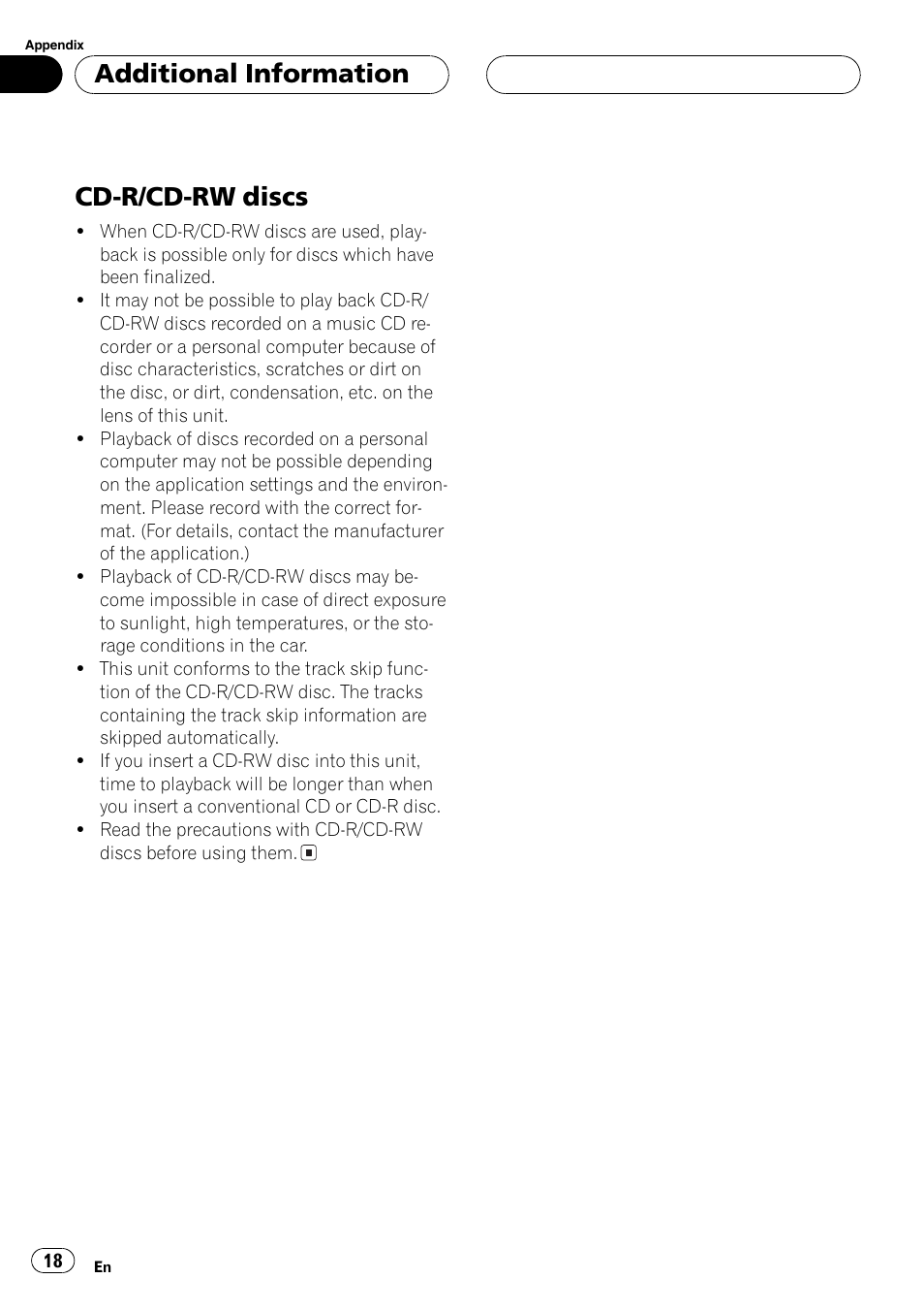 Cd-r/cd-rw discs 18, Cd-r/cd-rw discs, Additional information | Pioneer DEH-1630R User Manual | Page 18 / 125
