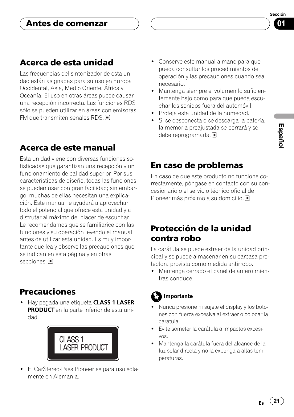 Acerca de esta unidad, Acerca de este manual, Precauciones | En caso de problemas, Protección de la unidad contra robo, Antes de comenzar, Class 1 laser product | Pioneer DEH-1630R User Manual | Page 21 / 125