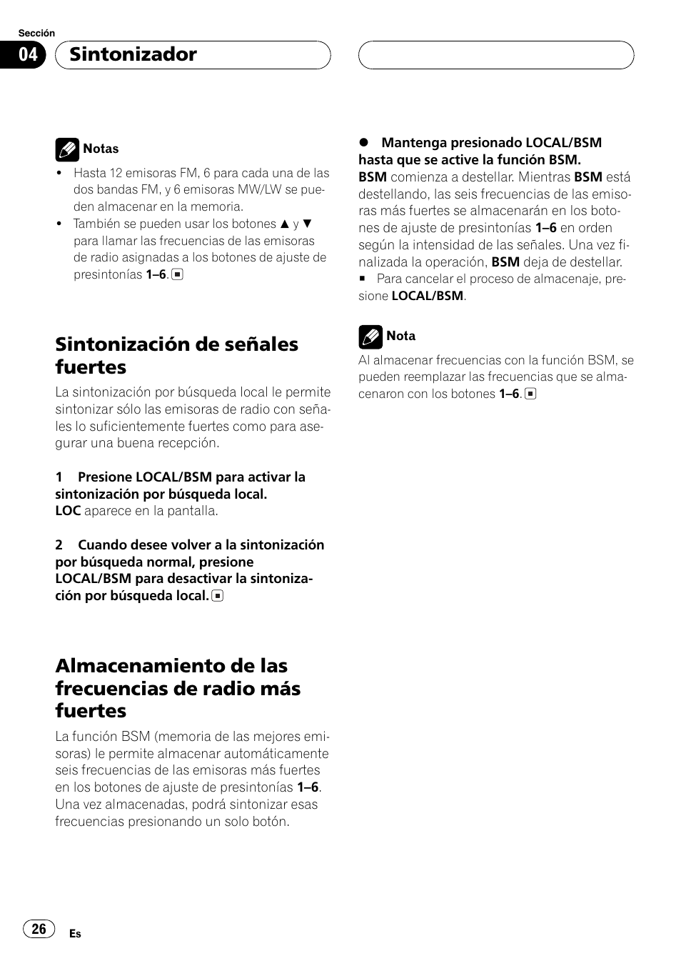 Más fuertes 26, Sintonización de señales fuertes, Sintonizador | Pioneer DEH-1630R User Manual | Page 26 / 125