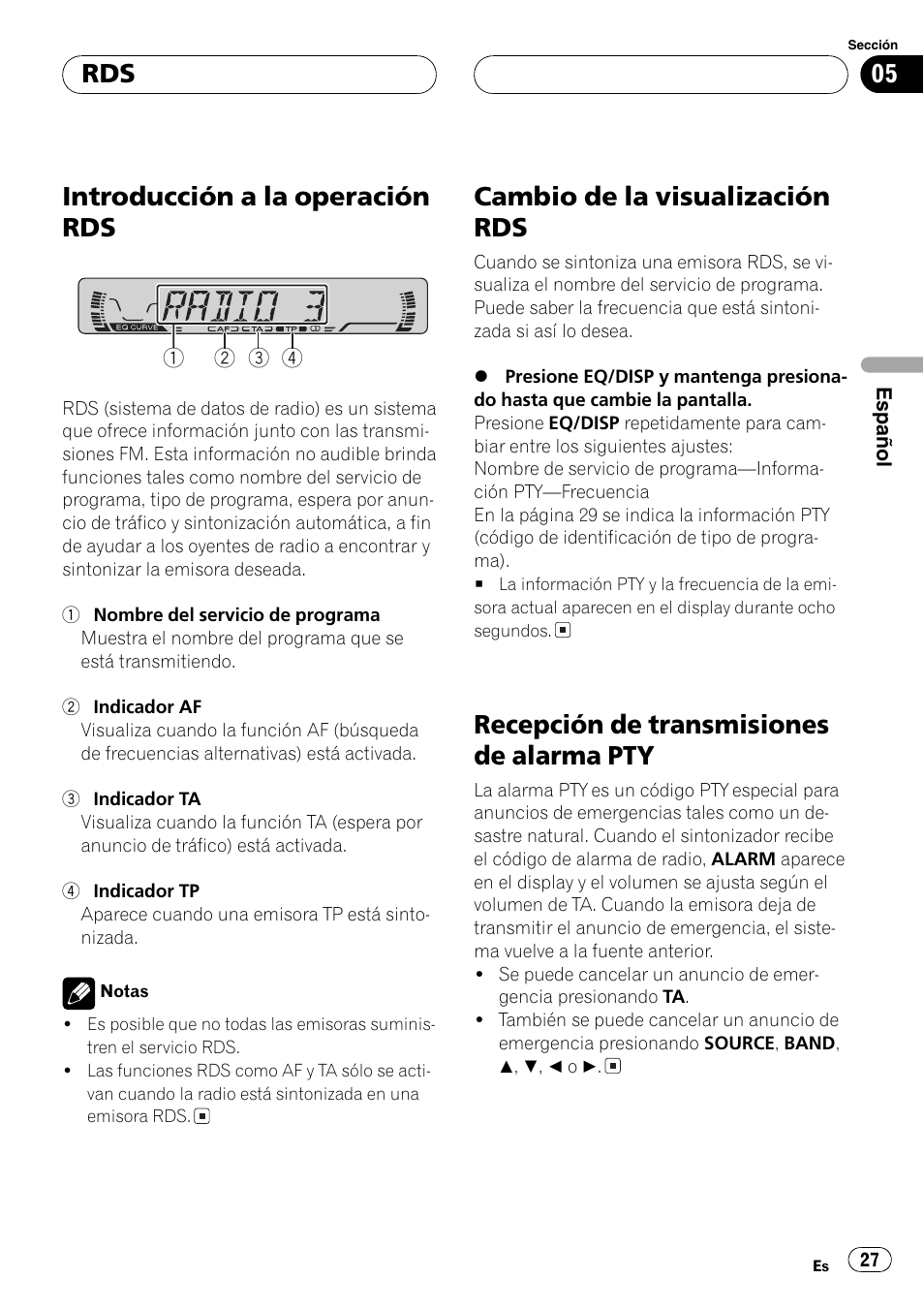 Pty 27, Introducción a la operación rds, Cambio de la visualización rds | Recepción de transmisiones de alarma pty | Pioneer DEH-1630R User Manual | Page 27 / 125