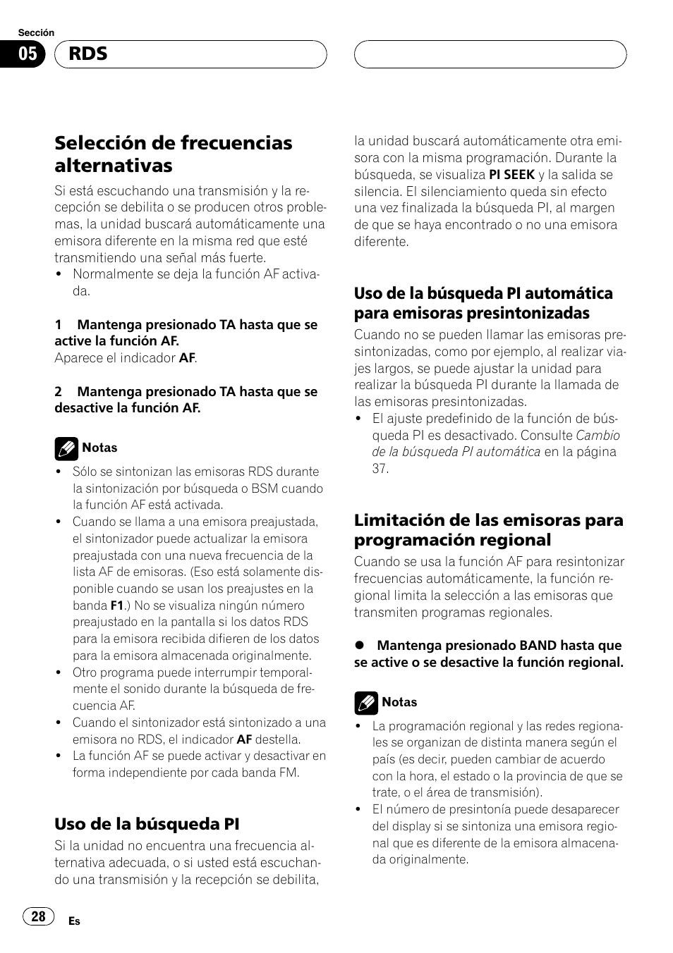 Selección de frecuencias alternativas 28, Uso de la búsqueda pi 28, Uso de la búsqueda pi automática | Para emisoras presintonizadas 28, Limitación de las emisoras para, Programación regional 28, Selección de frecuencias alternativas, Uso de la búsqueda pi | Pioneer DEH-1630R User Manual | Page 28 / 125