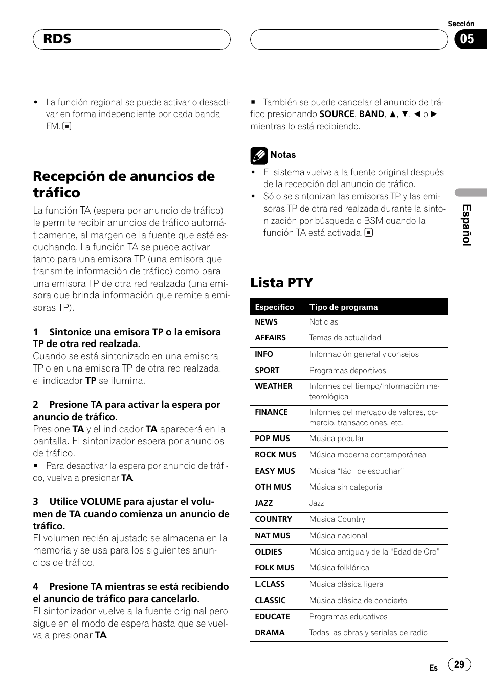 Recepción de anuncios de tráfico 29 lista pty 29, Recepción de anuncios de tráfico, Lista pty | Español | Pioneer DEH-1630R User Manual | Page 29 / 125