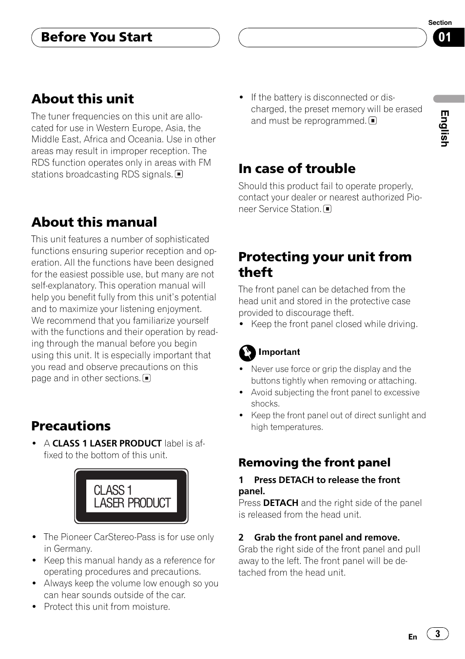 Removing the front panel 3, About this unit, About this manual | Precautions, Protecting your unit from theft, Before you start, Class 1 laser product | Pioneer DEH-1630R User Manual | Page 3 / 125