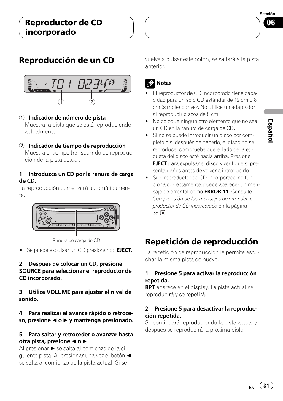 Reproducción de un cd, Repetición de reproducción, Reproductor de cd incorporado | Pioneer DEH-1630R User Manual | Page 31 / 125