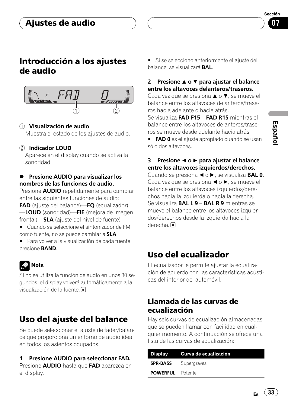Llamada de las curvas de, Ecualización 33, Introducción a los ajustes de audio | Uso del ajuste del balance, Uso del ecualizador, Ajustes de audio, Llamada de las curvas de ecualización | Pioneer DEH-1630R User Manual | Page 33 / 125