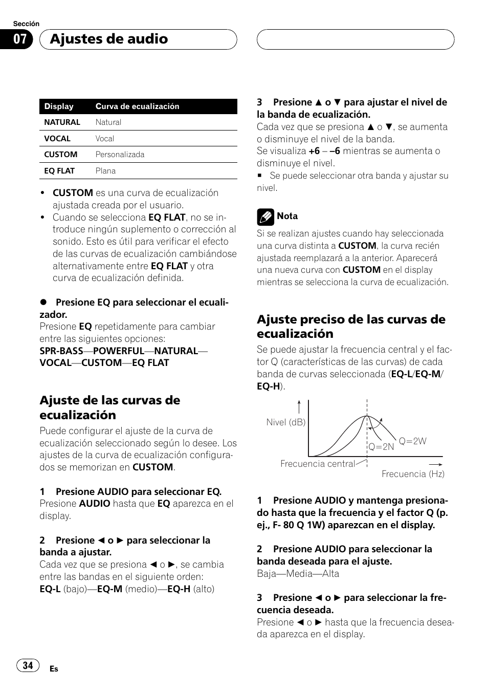 Ajuste de las curvas de, Ecualización 34, Ajuste preciso de las curvas de | Ajustes de audio, Ajuste de las curvas de ecualización, Ajuste preciso de las curvas de ecualización | Pioneer DEH-1630R User Manual | Page 34 / 125
