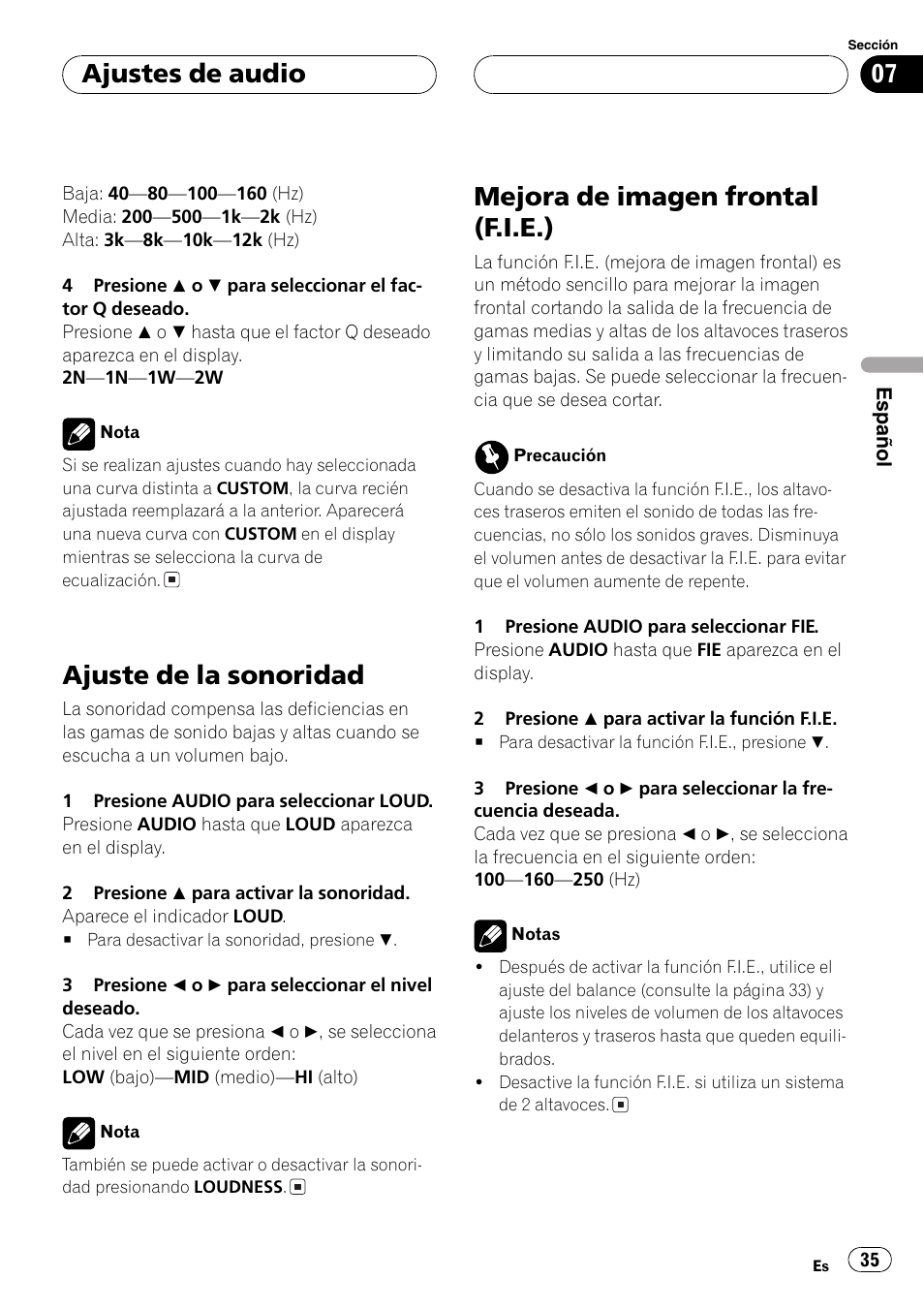 Ajuste de la sonoridad, Mejora de imagen frontal (f.i.e.), Ajustes de audio | Pioneer DEH-1630R User Manual | Page 35 / 125
