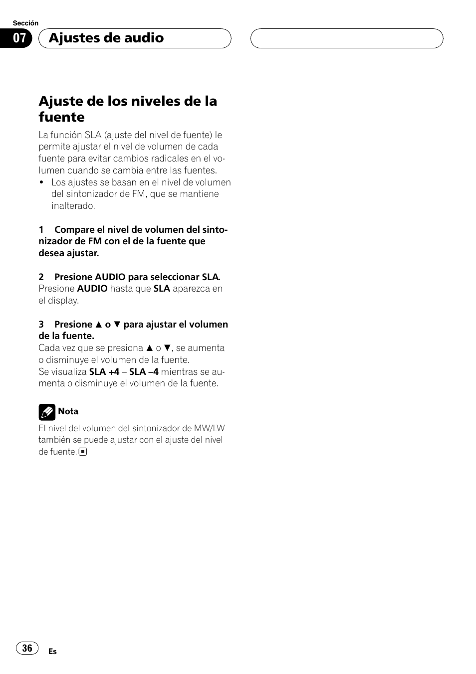 Ajuste de los niveles de la fuente 36, Ajuste de los niveles de la fuente, Ajustes de audio | Pioneer DEH-1630R User Manual | Page 36 / 125