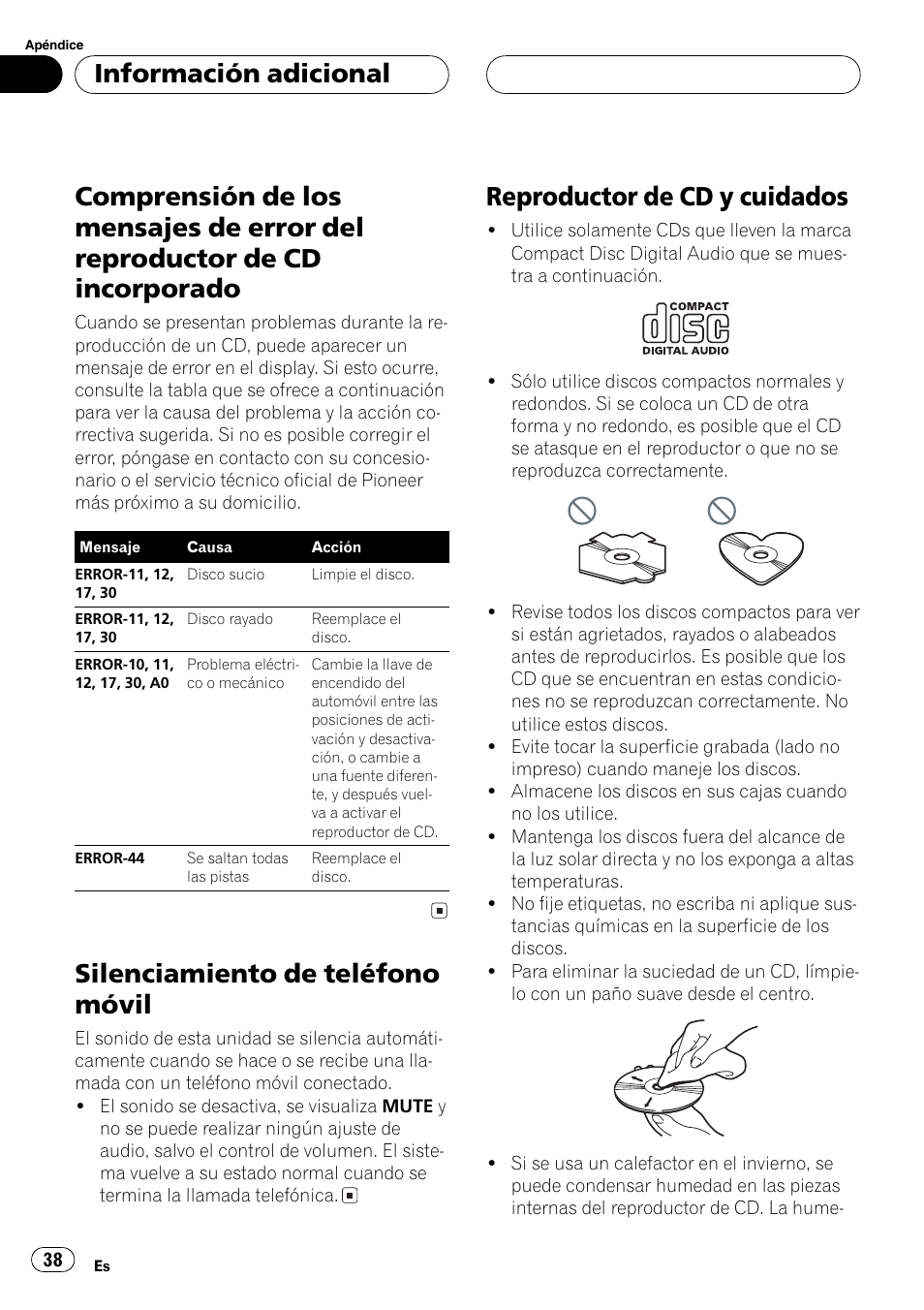 Reproductor de cd incorporado 38, Silenciamiento de teléfono móvil, Reproductor de cd y cuidados | Información adicional | Pioneer DEH-1630R User Manual | Page 38 / 125