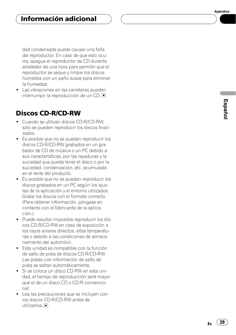Discos cd-r/cd-rw 39, Discos cd-r/cd-rw, Información adicional | Pioneer DEH-1630R User Manual | Page 39 / 125