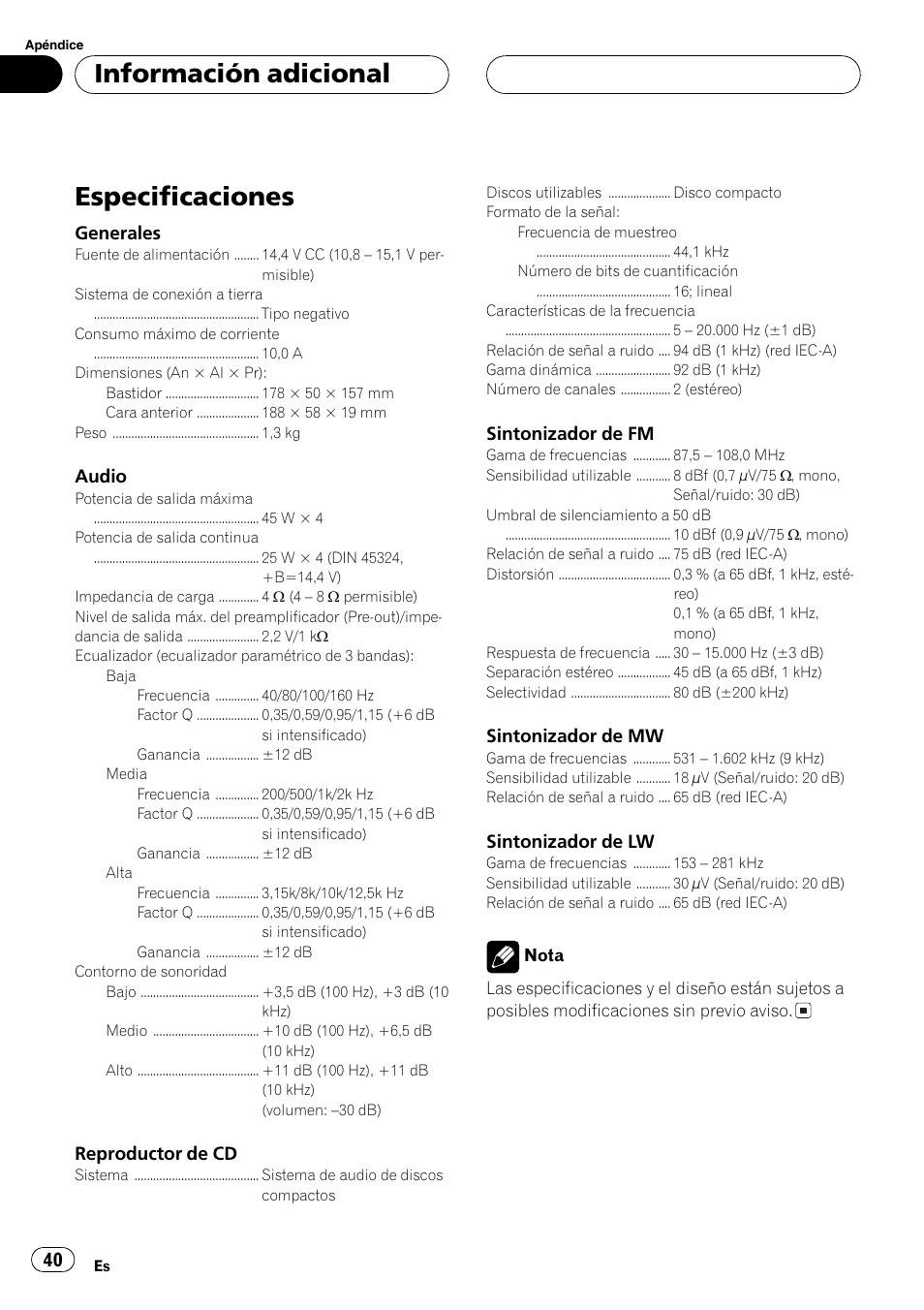 Especificaciones 40, Especificaciones, Información adicional | Pioneer DEH-1630R User Manual | Page 40 / 125