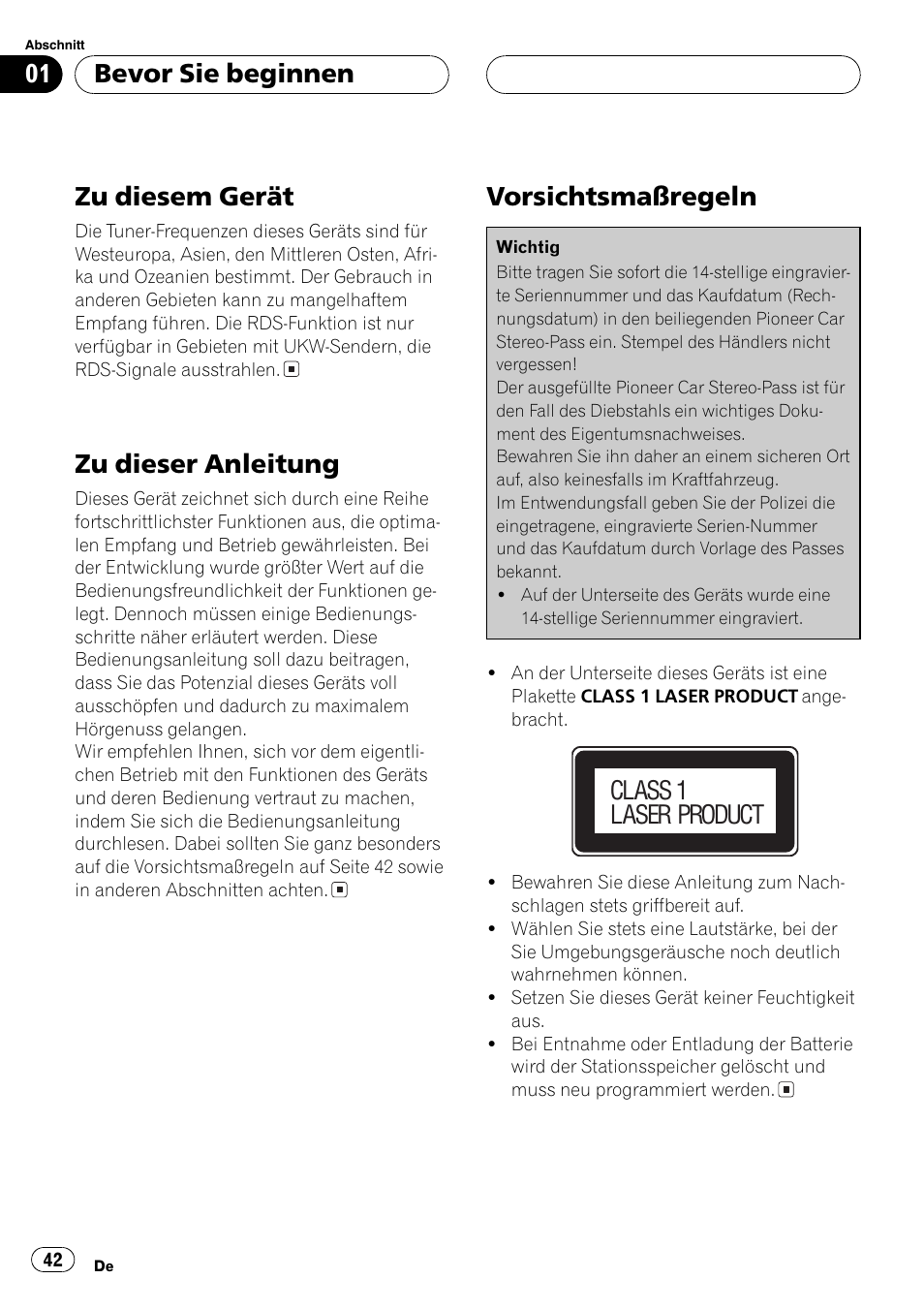Zu diesem gerät, Zu dieser anleitung, Vorsichtsmaßregeln | Bevor sie beginnen, Class 1 laser product | Pioneer DEH-1630R User Manual | Page 42 / 125