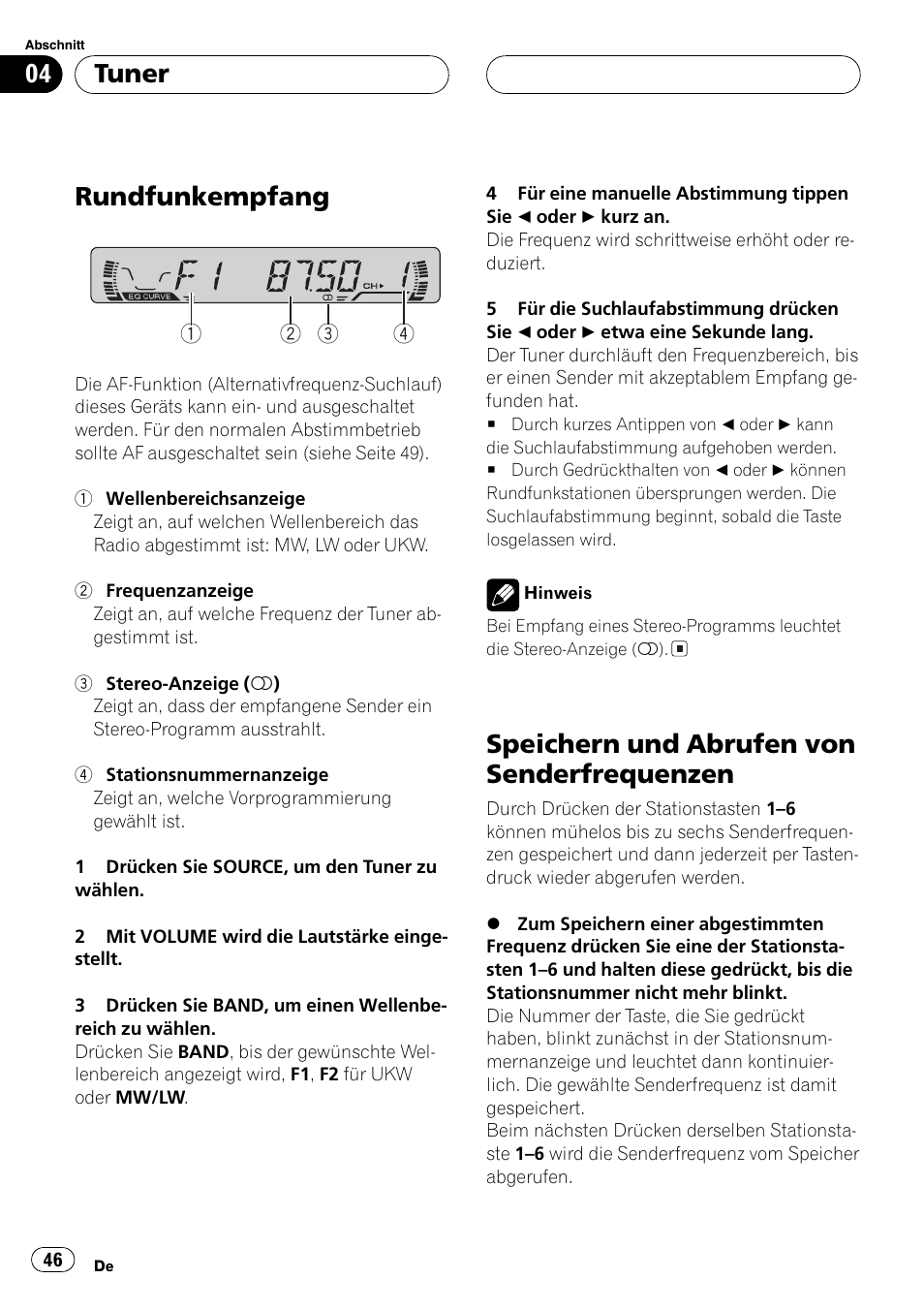Tuner rundfunkempfang 46 speichern und abrufen von, Senderfrequenzen 46, Rundfunkempfang | Speichern und abrufen von senderfrequenzen, Tuner | Pioneer DEH-1630R User Manual | Page 46 / 125