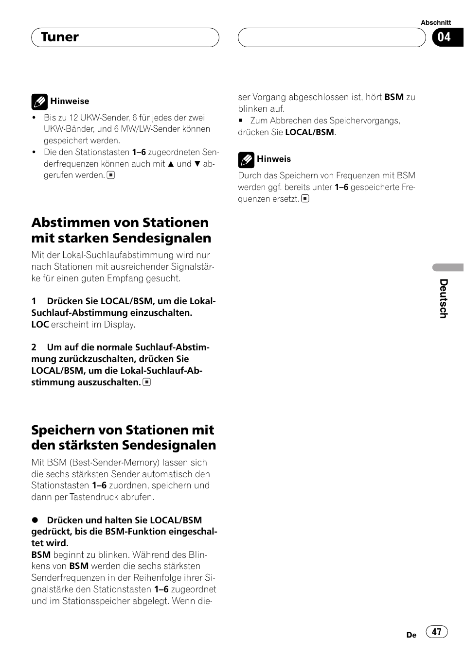 Abstimmen von stationen mit starken, Sendesignalen 47, Speichern von stationen mit den stärksten | Abstimmen von stationen mit starken sendesignalen, Tuner | Pioneer DEH-1630R User Manual | Page 47 / 125
