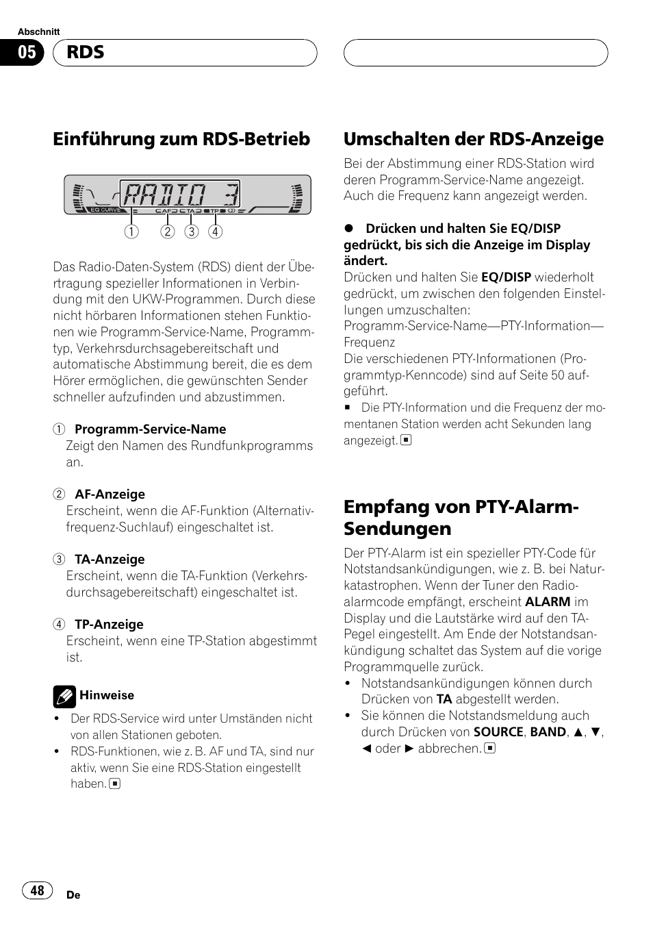 Einführung zum rds-betrieb, Umschalten der rds-anzeige, Empfang von pty-alarm- sendungen | Pioneer DEH-1630R User Manual | Page 48 / 125