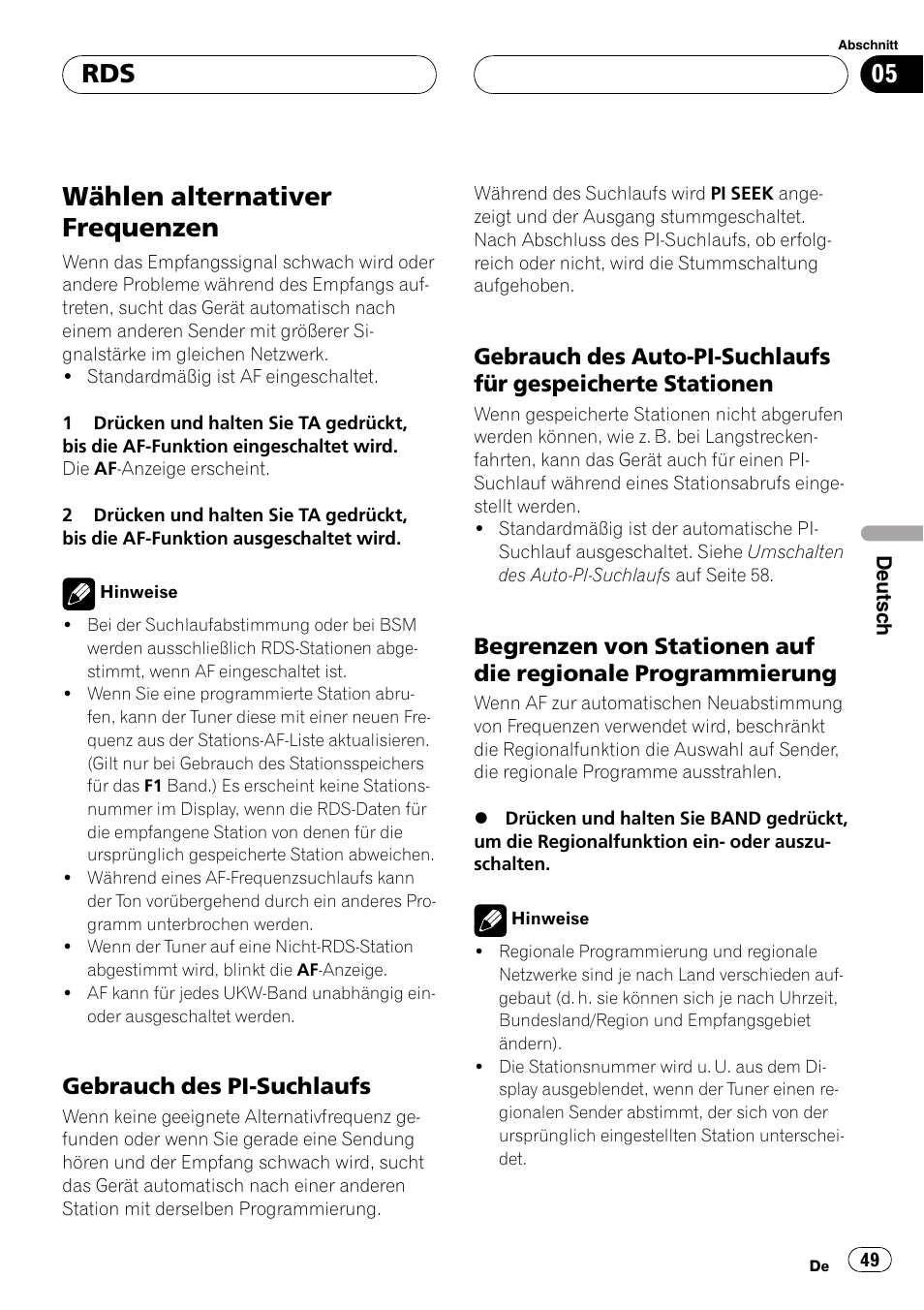 Wählen alternativer frequenzen 49, Gebrauch des pi-suchlaufs 49, Gebrauch des auto-pi-suchlaufs für | Gespeicherte stationen 49, Begrenzen von stationen auf die, Regionale programmierung 49, Wählen alternativer frequenzen, Gebrauch des pi-suchlaufs | Pioneer DEH-1630R User Manual | Page 49 / 125