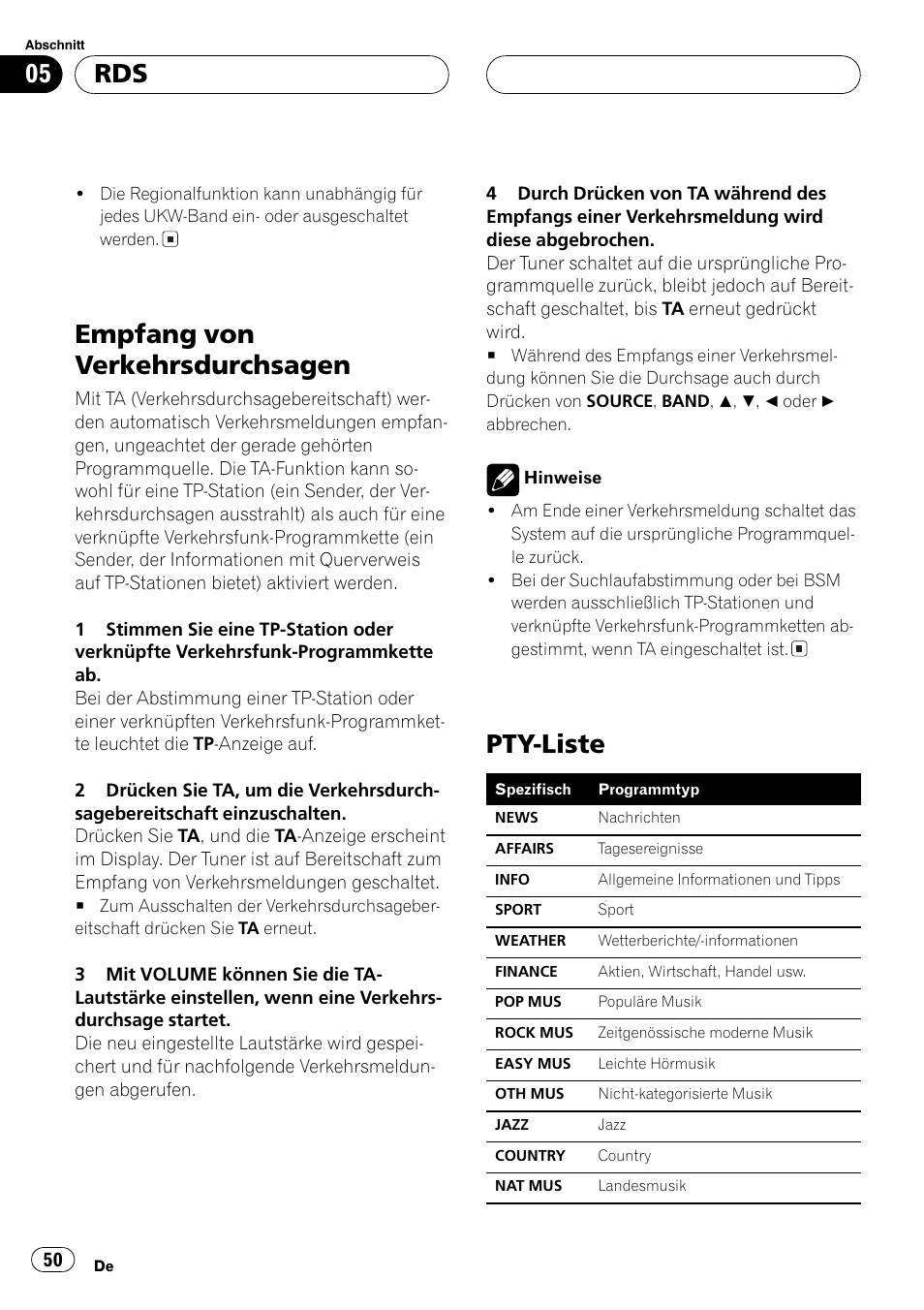 Empfang von verkehrsdurchsagen 50 pty-liste 50, Empfang von verkehrsdurchsagen, Pty-liste | Pioneer DEH-1630R User Manual | Page 50 / 125