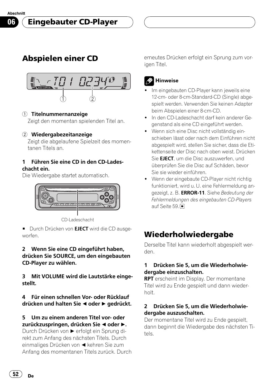 Abspielen einer cd, Wiederholwiedergabe, Eingebauter cd-player | Pioneer DEH-1630R User Manual | Page 52 / 125