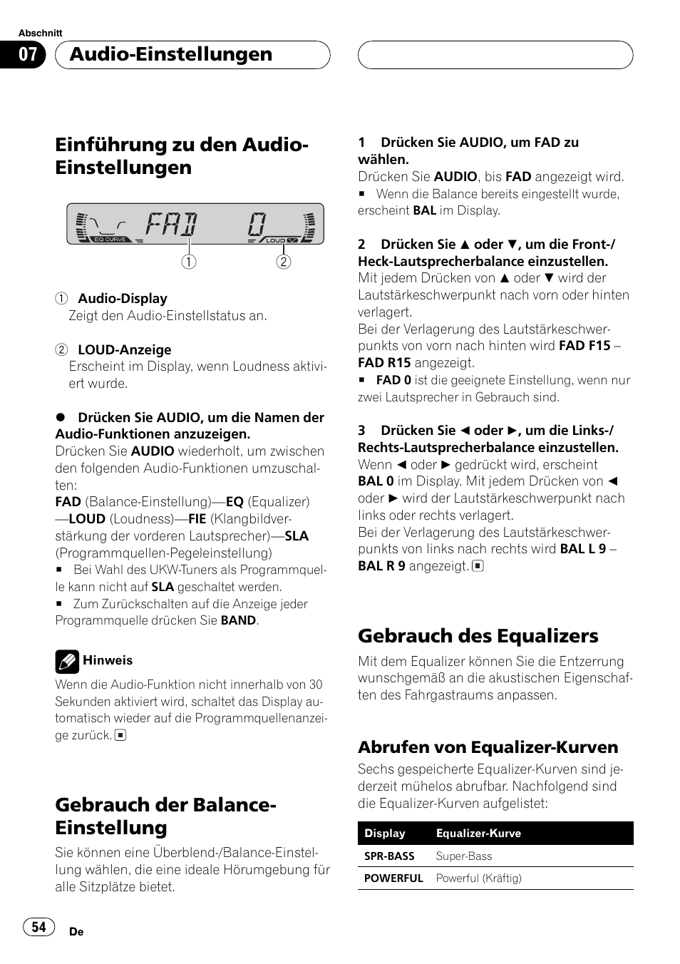 Abrufen von equalizer-kurven 54, Einführung zu den audio- einstellungen, Gebrauch der balance- einstellung | Gebrauch des equalizers, Audio-einstellungen, Abrufen von equalizer-kurven | Pioneer DEH-1630R User Manual | Page 54 / 125