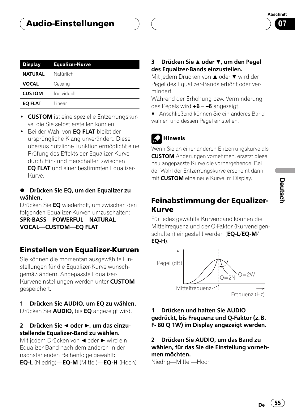 Einstellen von equalizer-kurven 55, Feinabstimmung der equalizer, Kurve 55 | Audio-einstellungen, Einstellen von equalizer-kurven, Feinabstimmung der equalizer- kurve | Pioneer DEH-1630R User Manual | Page 55 / 125