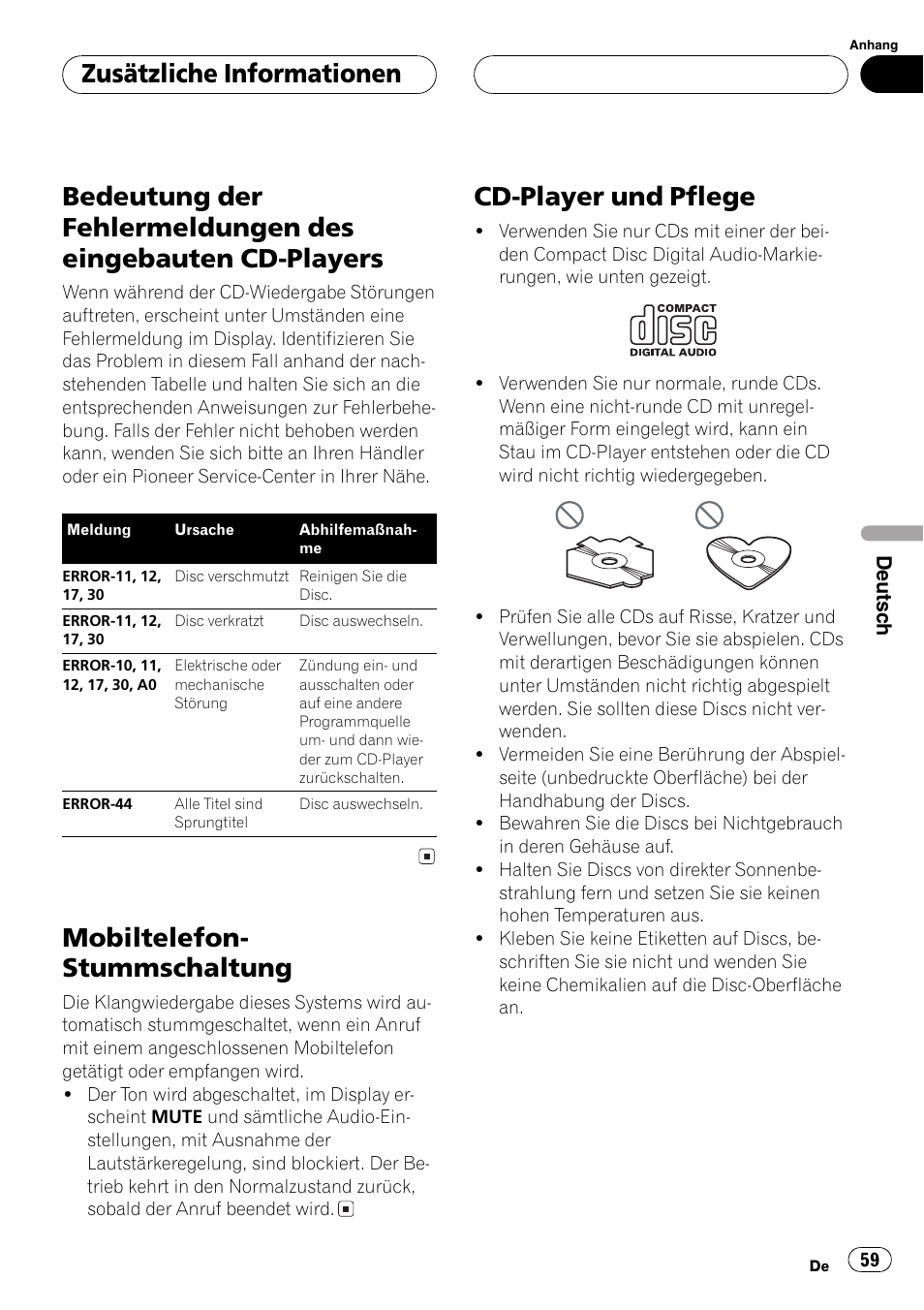 Eingebauten cd-players 59, Mobiltelefon- stummschaltung, Cd-player und pflege | Zusätzliche informationen | Pioneer DEH-1630R User Manual | Page 59 / 125